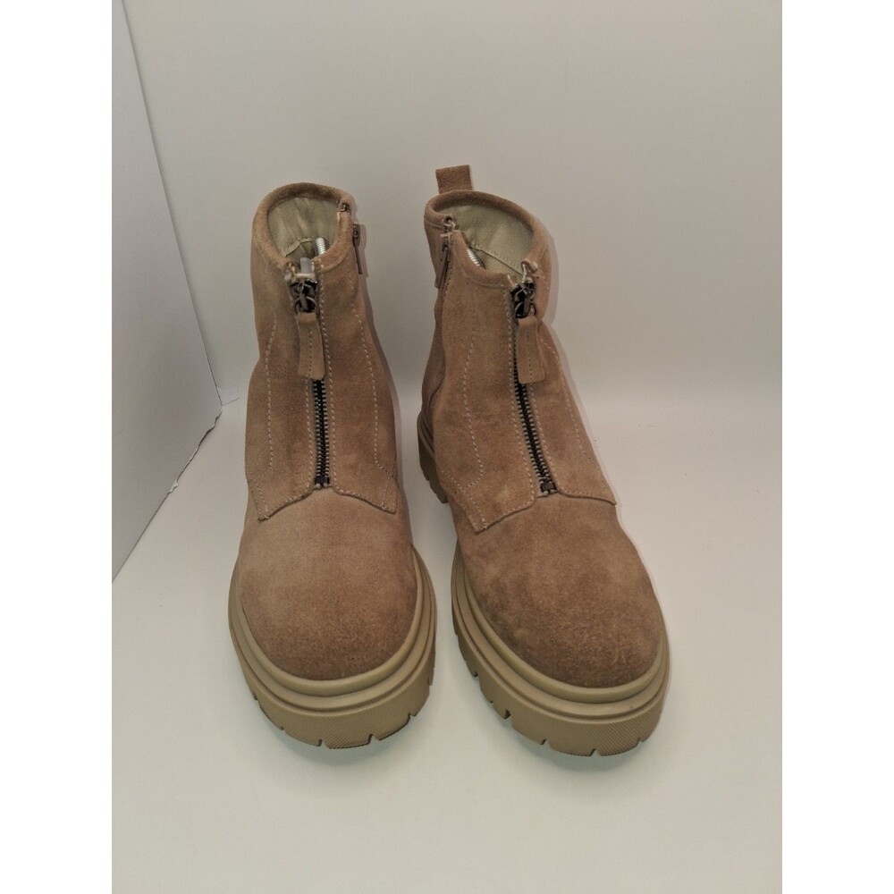 Cruza Tan suede ankle boots front zipper/side zipper chunky lug sole US9